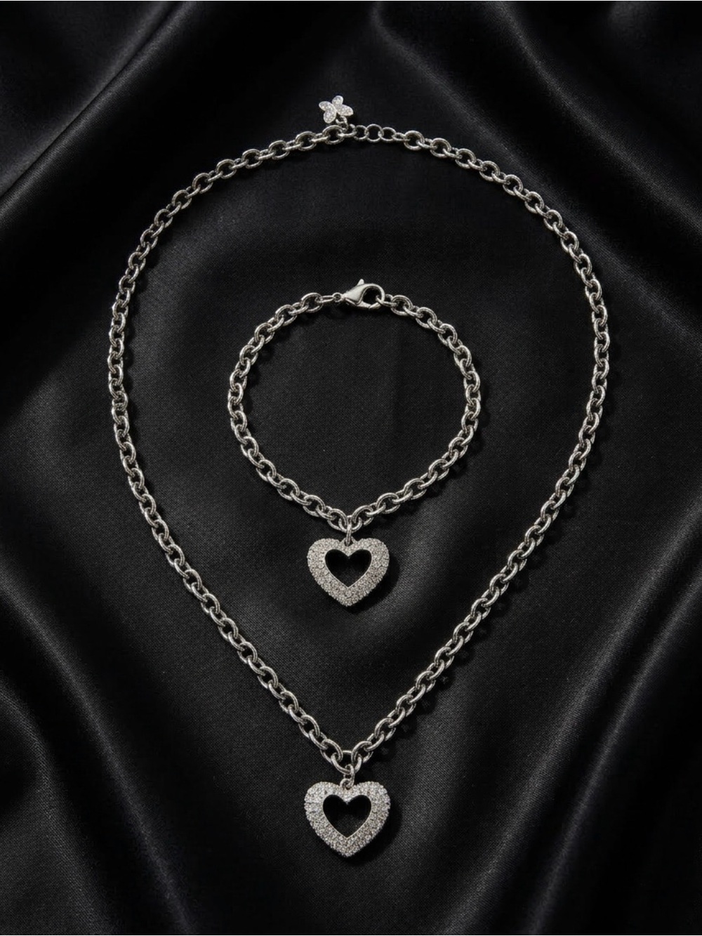 Silver Heart Pendant Necklace and Bracelet Set - Sparkling Pavé Heart